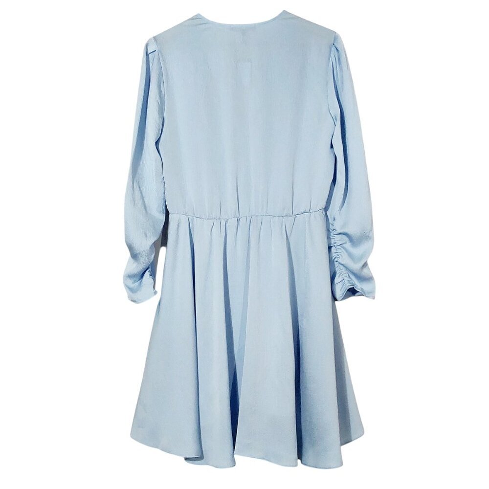 NWT Maje Revolver Hammered Crepe Baby Blue Ruched Sleeve Mini Dress - 42 (10) - Picture 9 of 16